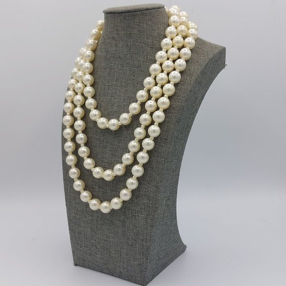 Faux Pearl Long Necklace Single Strand Small Faux Pearl Separator Beads 56" W Cl - Picture 2 of 7